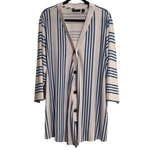 Susan Graver Weekend White and Blue Striped Wooden Button Cardigan
